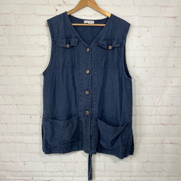 Rose Parks Top Womens 3 Blue Tunic Shirt Vest Linen Button Up Hi Low Pockets - Picture 1 of 11